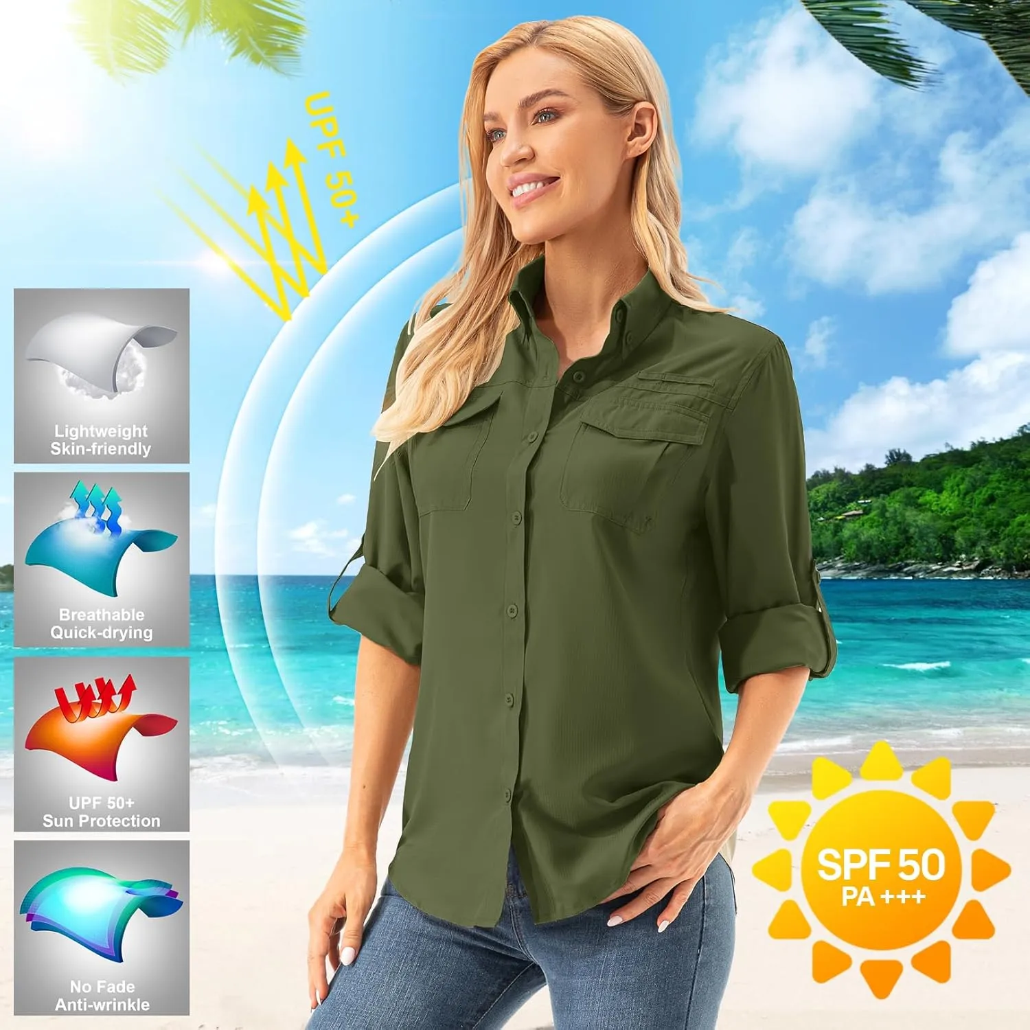 Womens Safari Sun Shirts UPF 50  UV Sun Protection Long Sleeve Outdoor Quick Dry Fishing Hiking Gardening Shirts