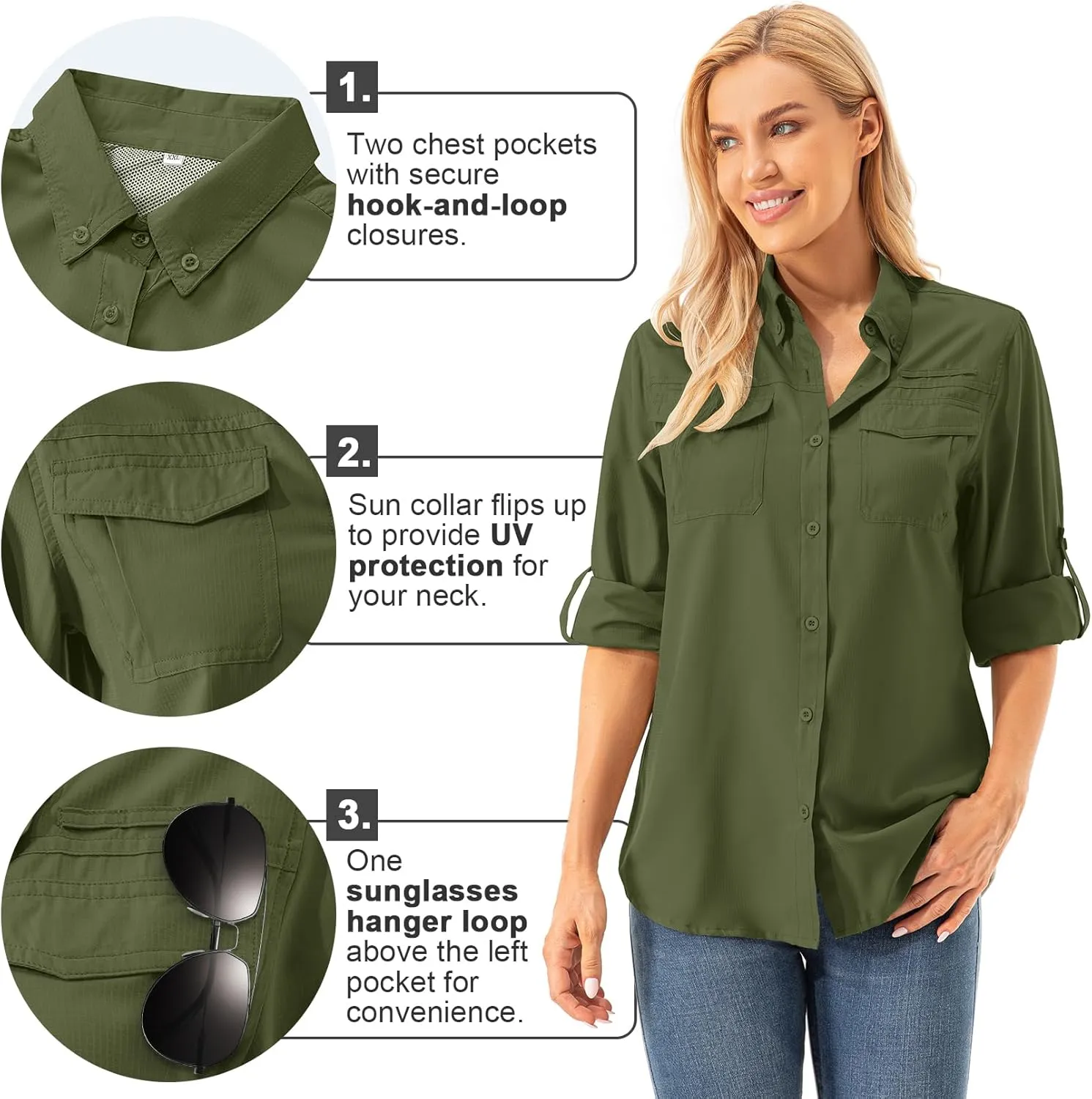 Womens Safari Sun Shirts UPF 50  UV Sun Protection Long Sleeve Outdoor Quick Dry Fishing Hiking Gardening Shirts