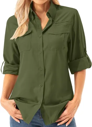 Womens Safari Sun Shirts UPF 50  UV Sun Protection Long Sleeve Outdoor Quick Dry Fishing Hiking Gardening Shirts