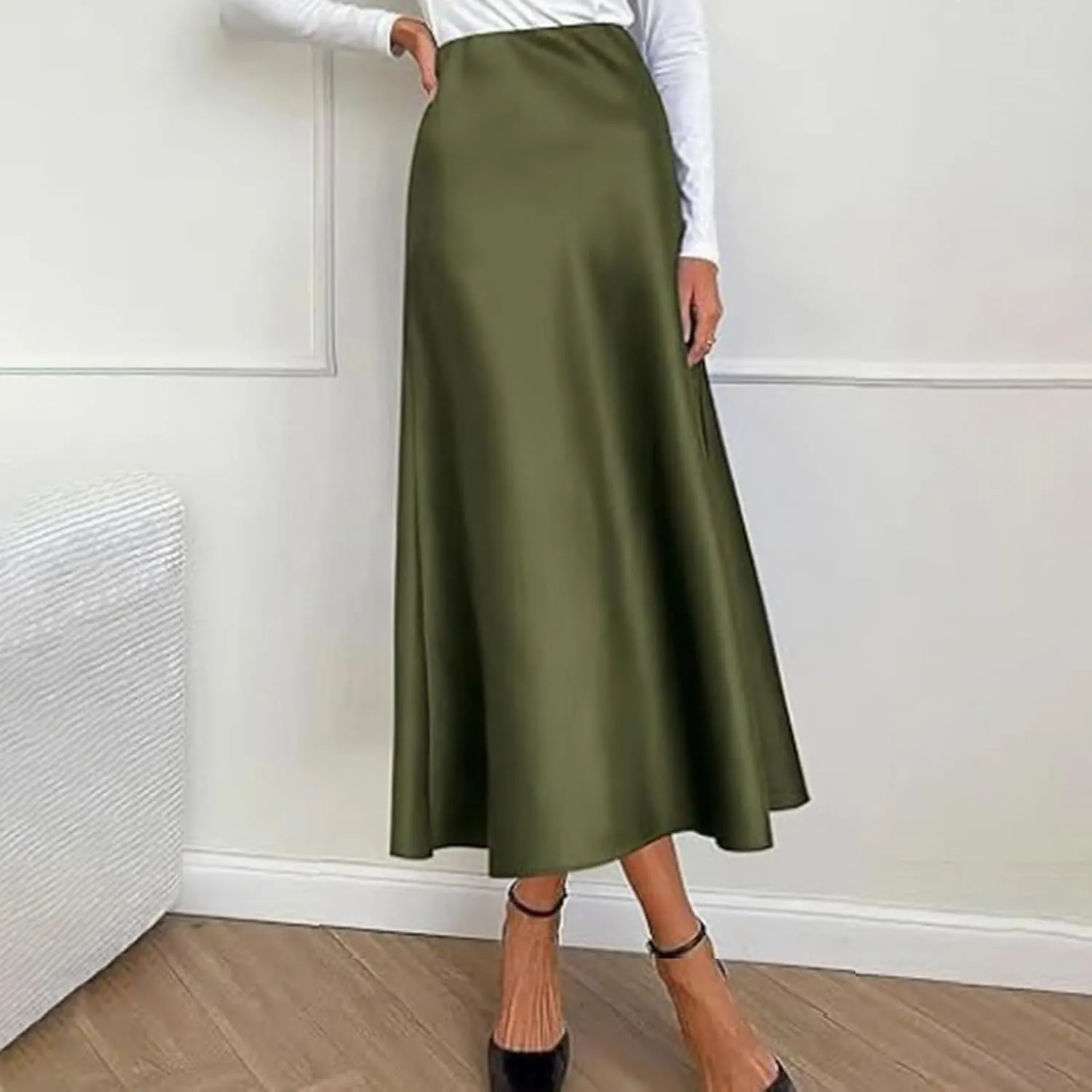 Womens Satin Silk Maxi Skirts High Waisted Skirts 2025 Trendy Casual Elegant Cocktail Party Flared A-Line Midi