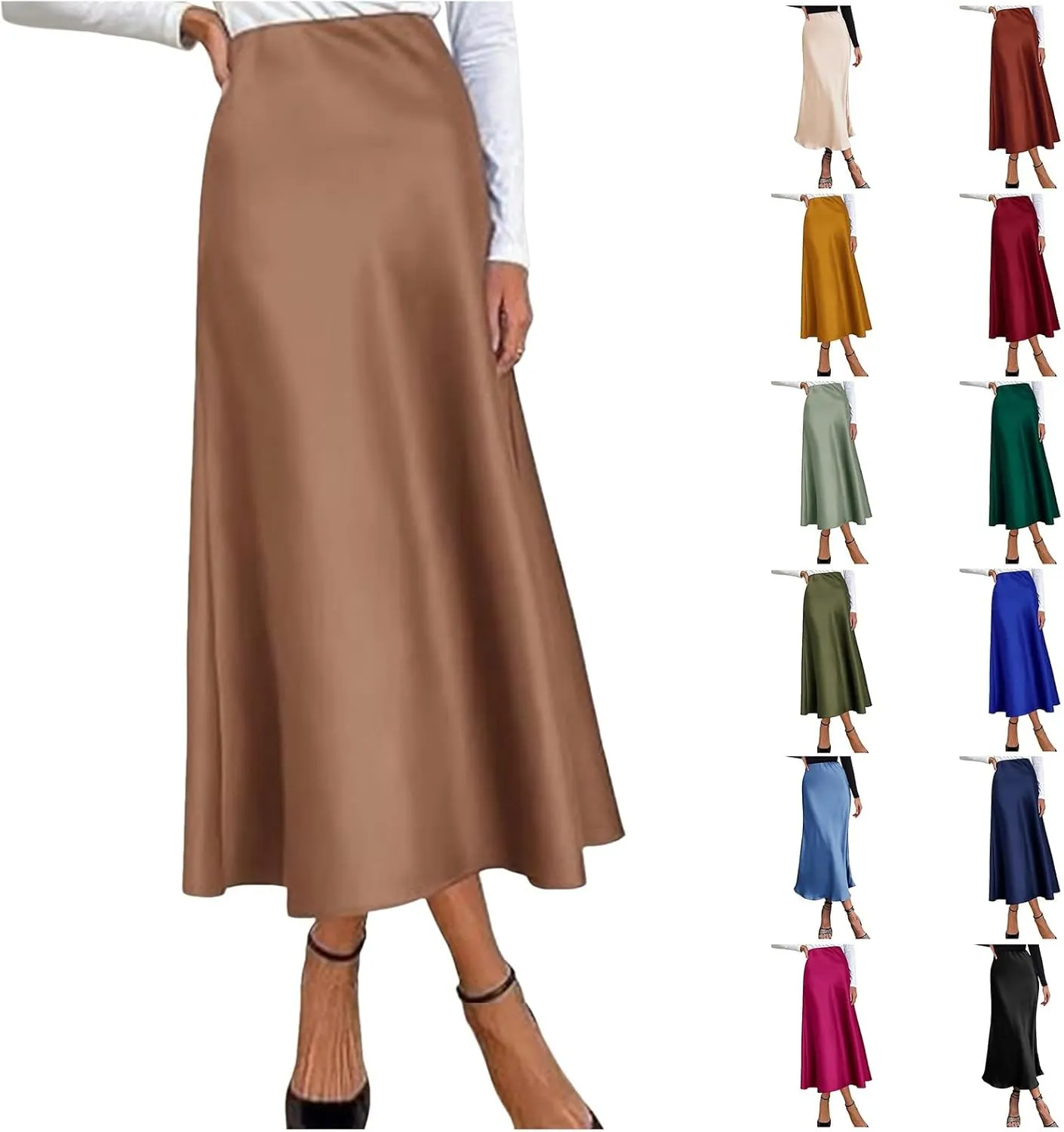 Womens Satin Silk Maxi Skirts High Waisted Skirts 2025 Trendy Casual Elegant Cocktail Party Flared A-Line Midi
