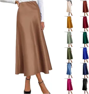 Womens Satin Silk Maxi Skirts High Waisted Skirts 2025 Trendy Casual Elegant Cocktail Party Flared A-Line Midi