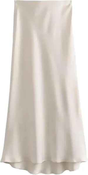 Women's Satin Solid Pleated Midi Skirt Female Vintage Elastic Waist Skirts Casual Party Cocktail Skirts Beige