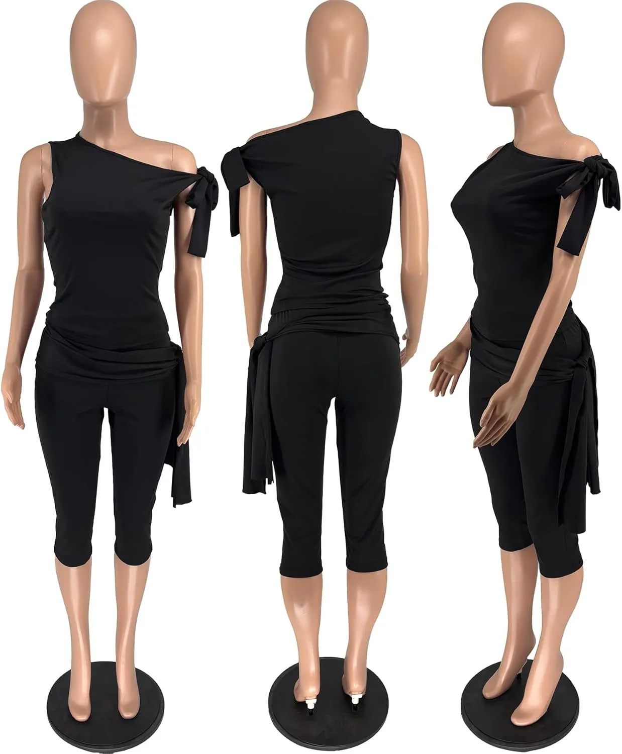Women's Sexy 2 Piece Outfits Sleeveless One Shoulder Tie Crop Top Bodycon Capri Pants Sets Tracksuits