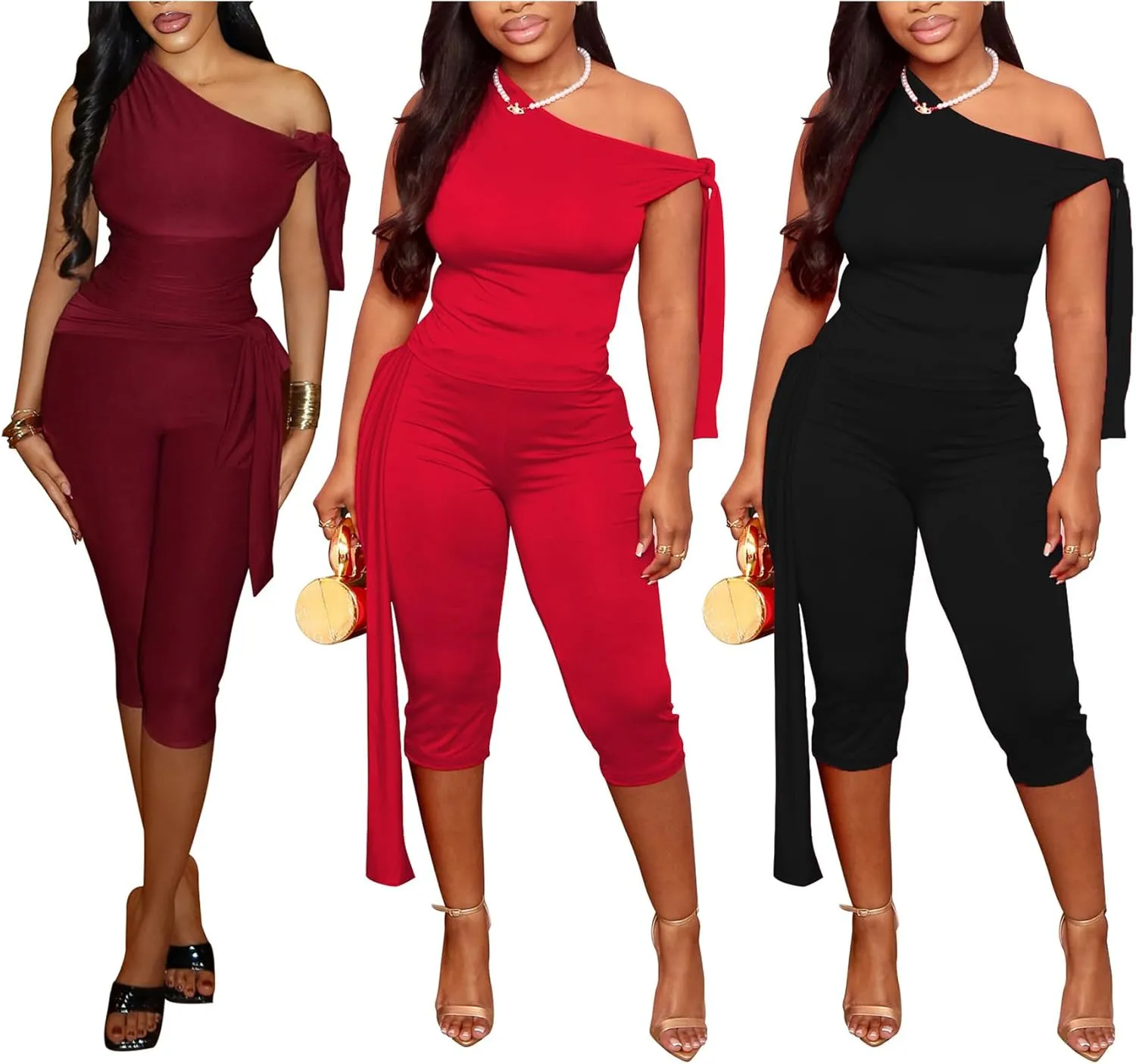 Women's Sexy 2 Piece Outfits Sleeveless One Shoulder Tie Crop Top Bodycon Capri Pants Sets Tracksuits