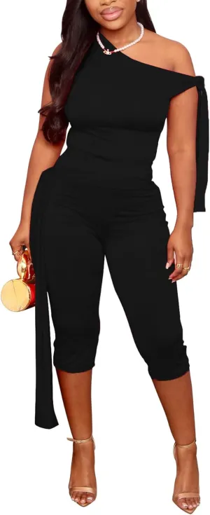 Women's Sexy 2 Piece Outfits Sleeveless One Shoulder Tie Crop Top Bodycon Capri Pants Sets Tracksuits