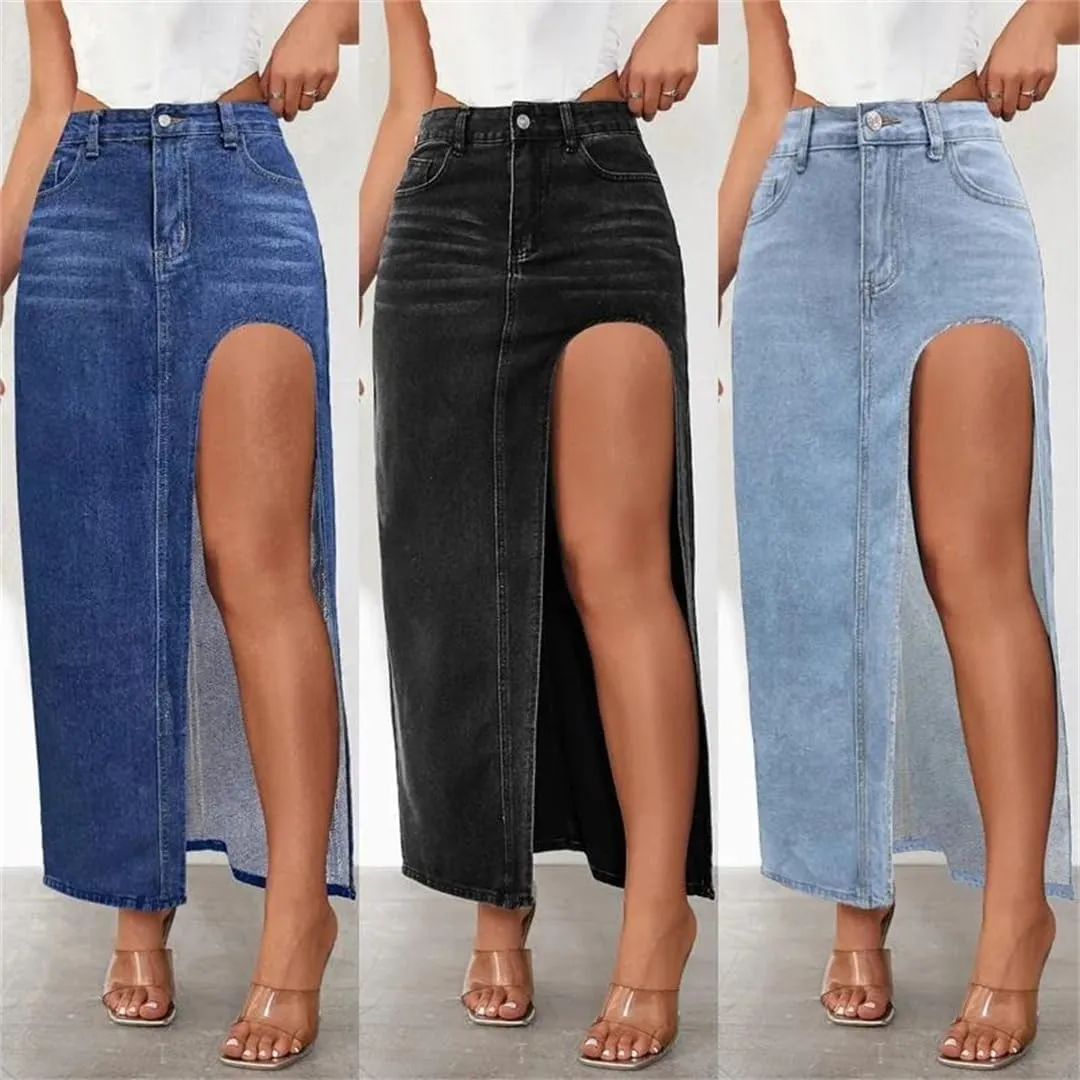 Women's Sexy Side Slit High Waisted Denim Skirt with Pockets Slim Fit Button Down Skinny Jeans Skirt