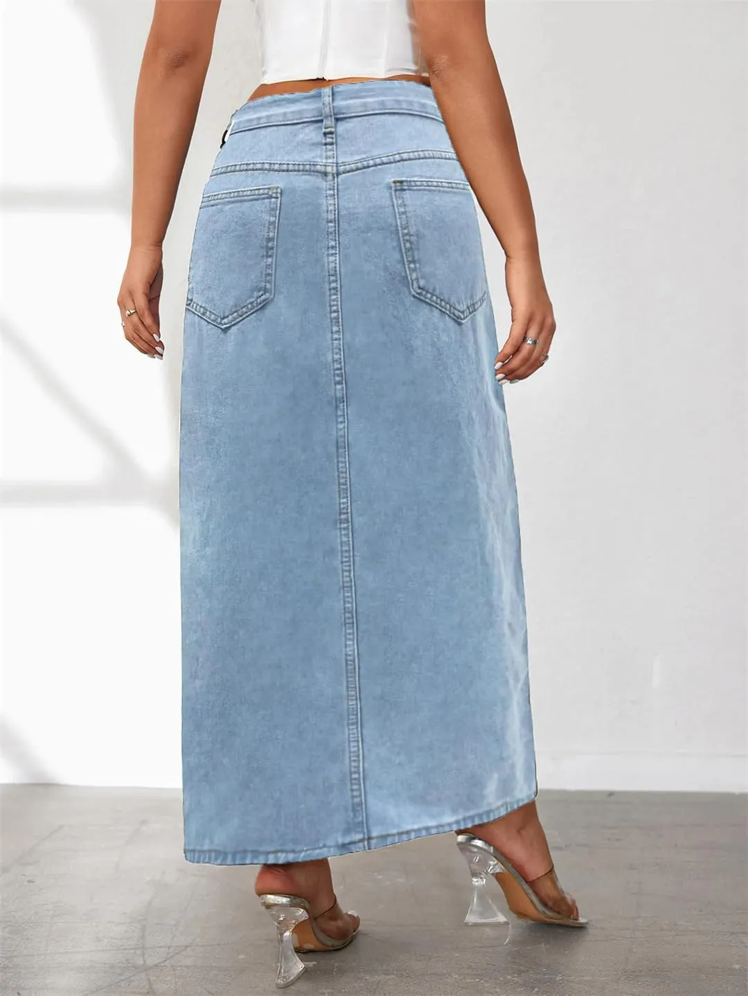 Women's Sexy Side Slit High Waisted Denim Skirt with Pockets Slim Fit Button Down Skinny Jeans Skirt