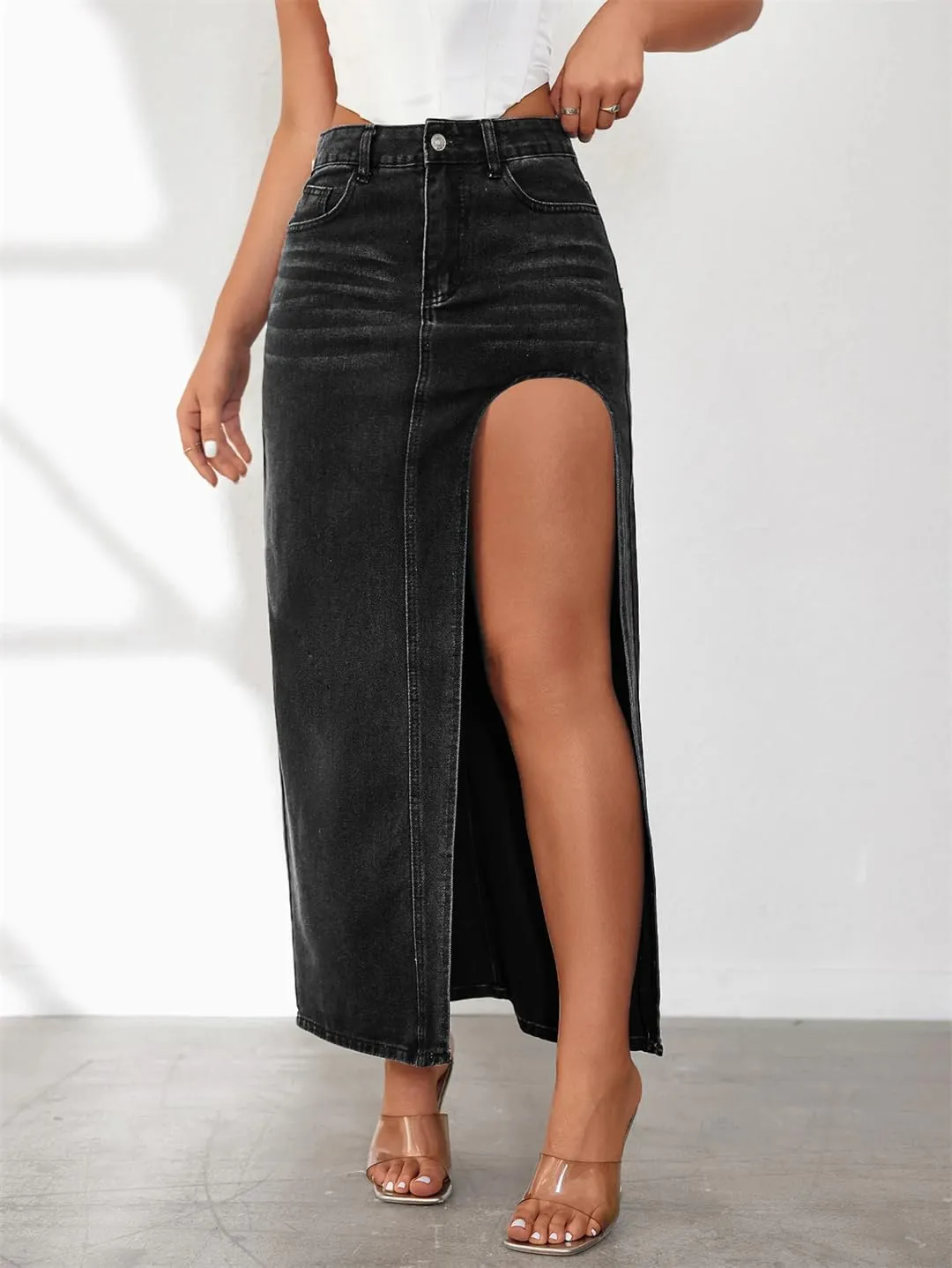 Women's Sexy Side Slit High Waisted Denim Skirt with Pockets Slim Fit Button Down Skinny Jeans Skirt