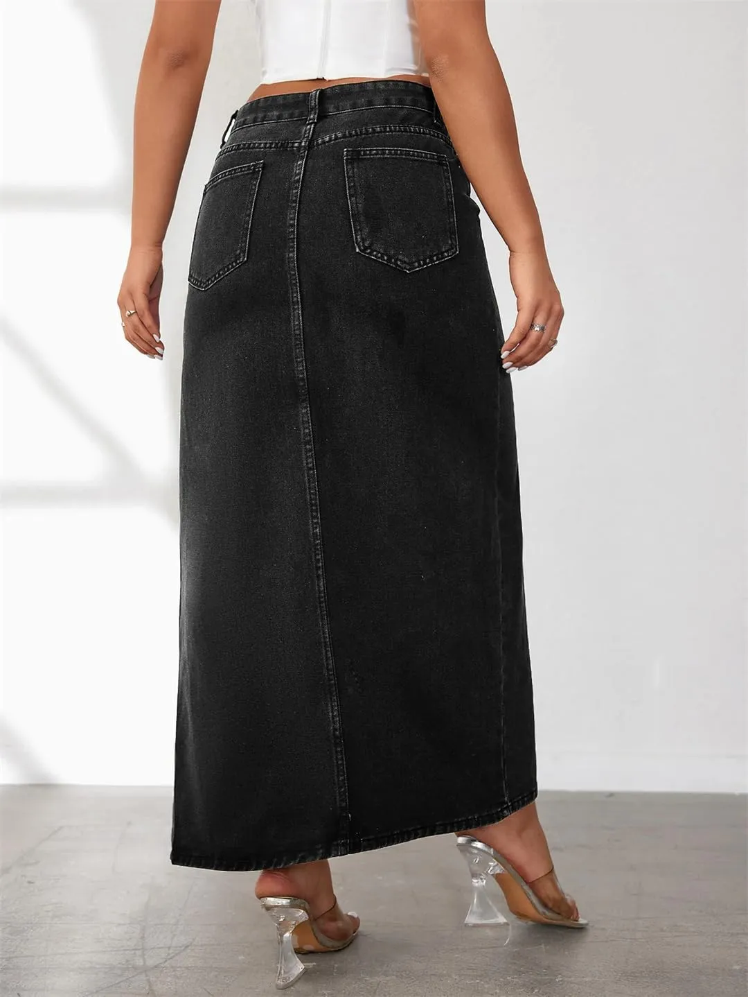Women's Sexy Side Slit High Waisted Denim Skirt with Pockets Slim Fit Button Down Skinny Jeans Skirt