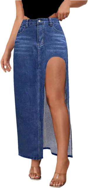 Women's Sexy Side Slit High Waisted Denim Skirt with Pockets Slim Fit Button Down Skinny Jeans Skirt