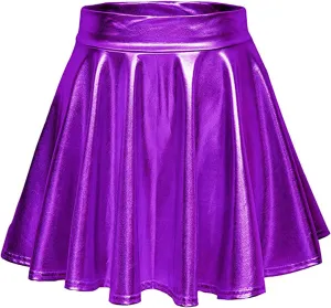 Women's Shiny Flared Metallic Holographic Pleated Mini Skater Skirt High Waist Pleated Skirt Rave Festival