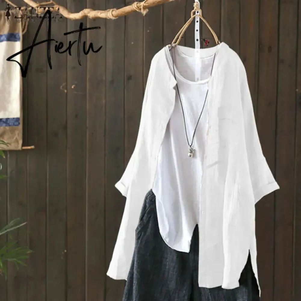 Womens Shirts  Vintage Cotton Tunic Casual Long Sleeve Shirt Button Cardigans Female Soid Patchwork Tops
