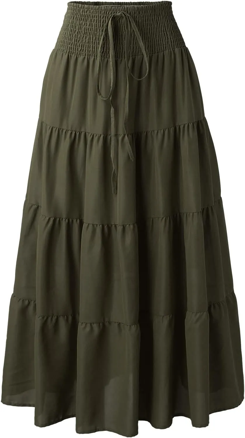 Women's Solid High Rise Boho Pleated A Line Summer Long Skirts for Women Skirt High Waist Dress Fashion Graceful Robe