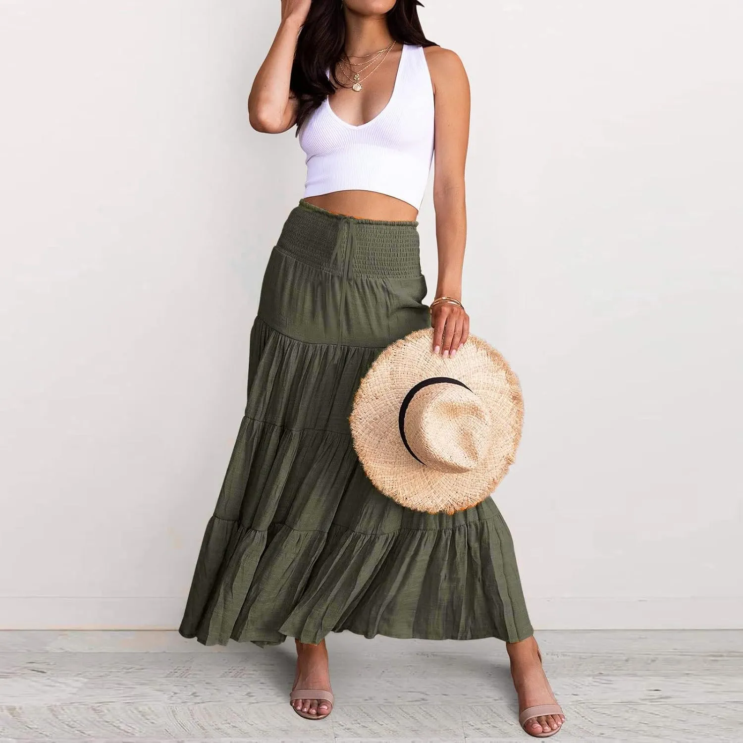 Women's Solid High Rise Boho Pleated A Line Summer Long Skirts for Women Skirt High Waist Dress Fashion Graceful Robe