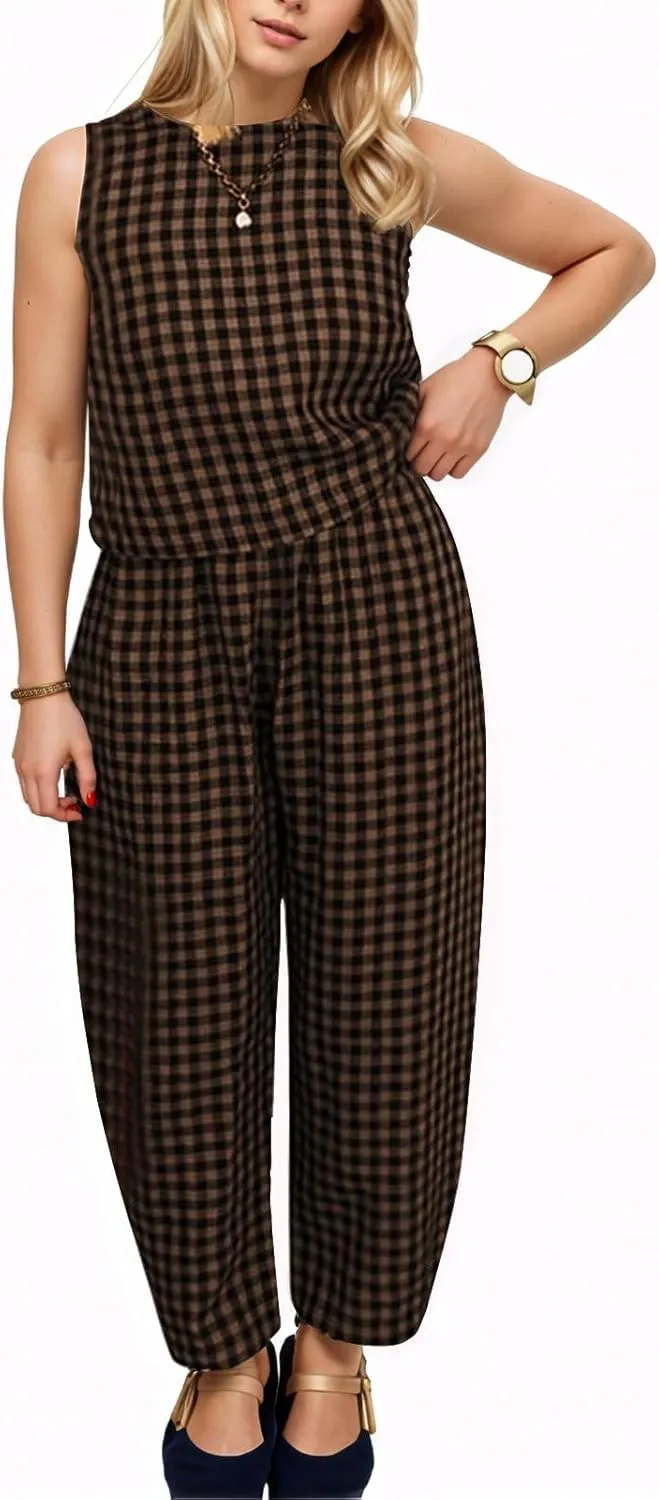 Womens Striped 2 Piece Lounge Pants Sets Y2k Gingham Outfits Sleeveless Tank Top and Wide Leg Barrel Pant Casual Suits