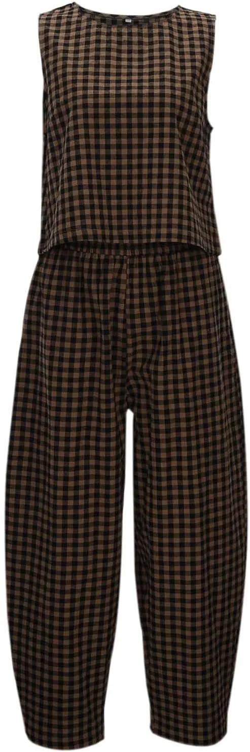 Womens Striped 2 Piece Lounge Pants Sets Y2k Gingham Outfits Sleeveless Tank Top and Wide Leg Barrel Pant Casual Suits