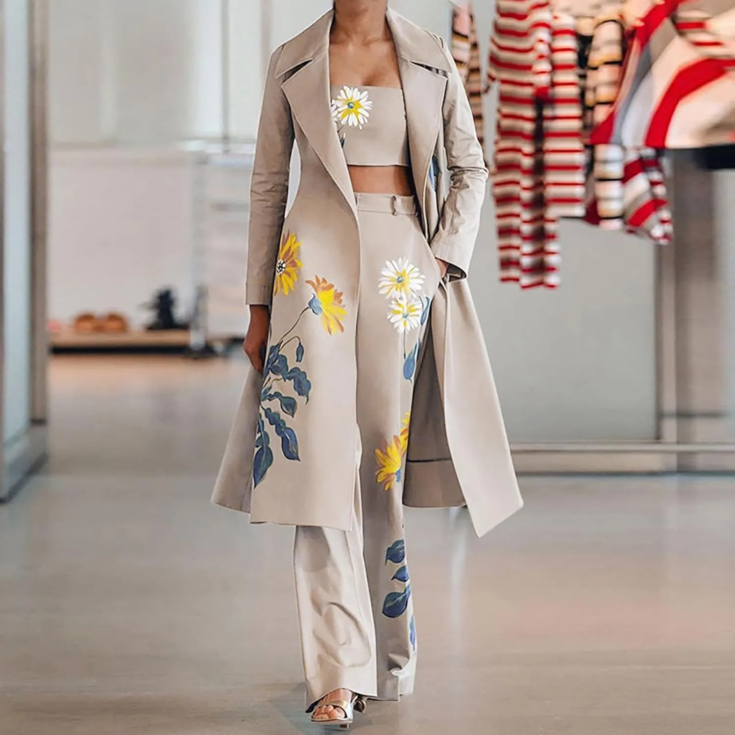 Women's Suit 3 Piece Set Fashion Floral Print Business Casual Outfits Long Blazer Jacket Matching Bras and Pants