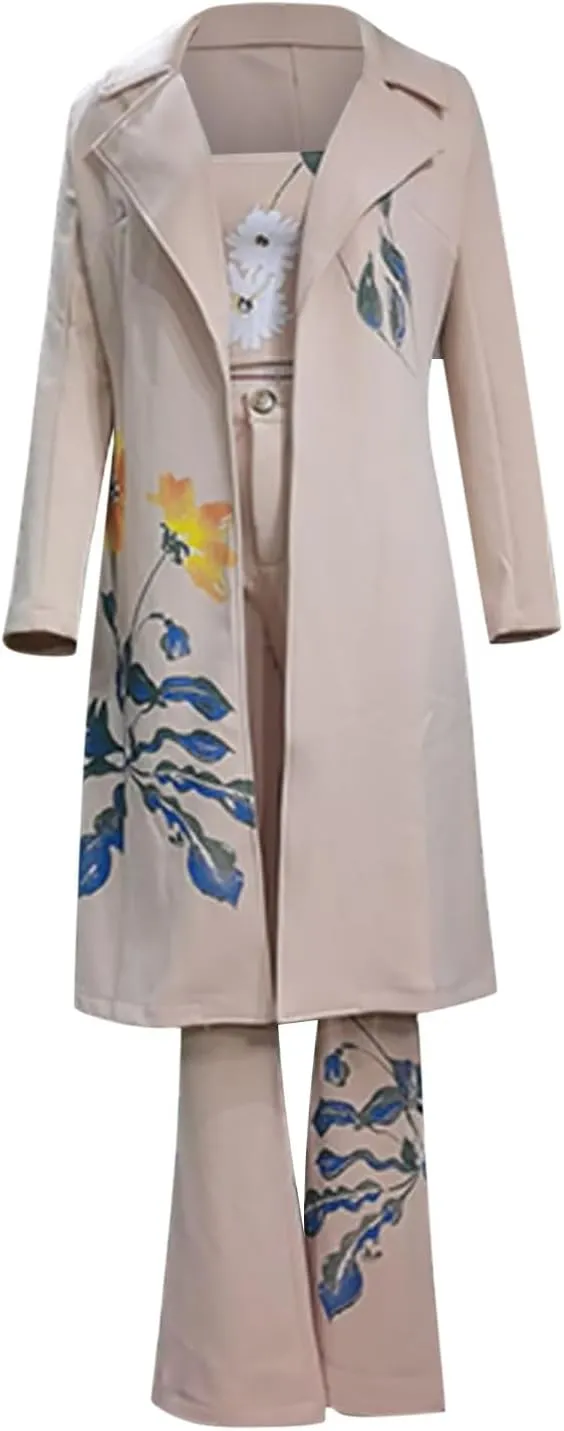 Women's Suit 3 Piece Set Fashion Floral Print Business Casual Outfits Long Blazer Jacket Matching Bras and Pants