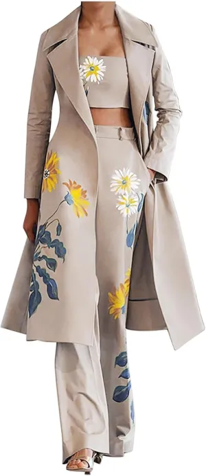 Women's Suit 3 Piece Set Fashion Floral Print Business Casual Outfits Long Blazer Jacket Matching Bras and Pants