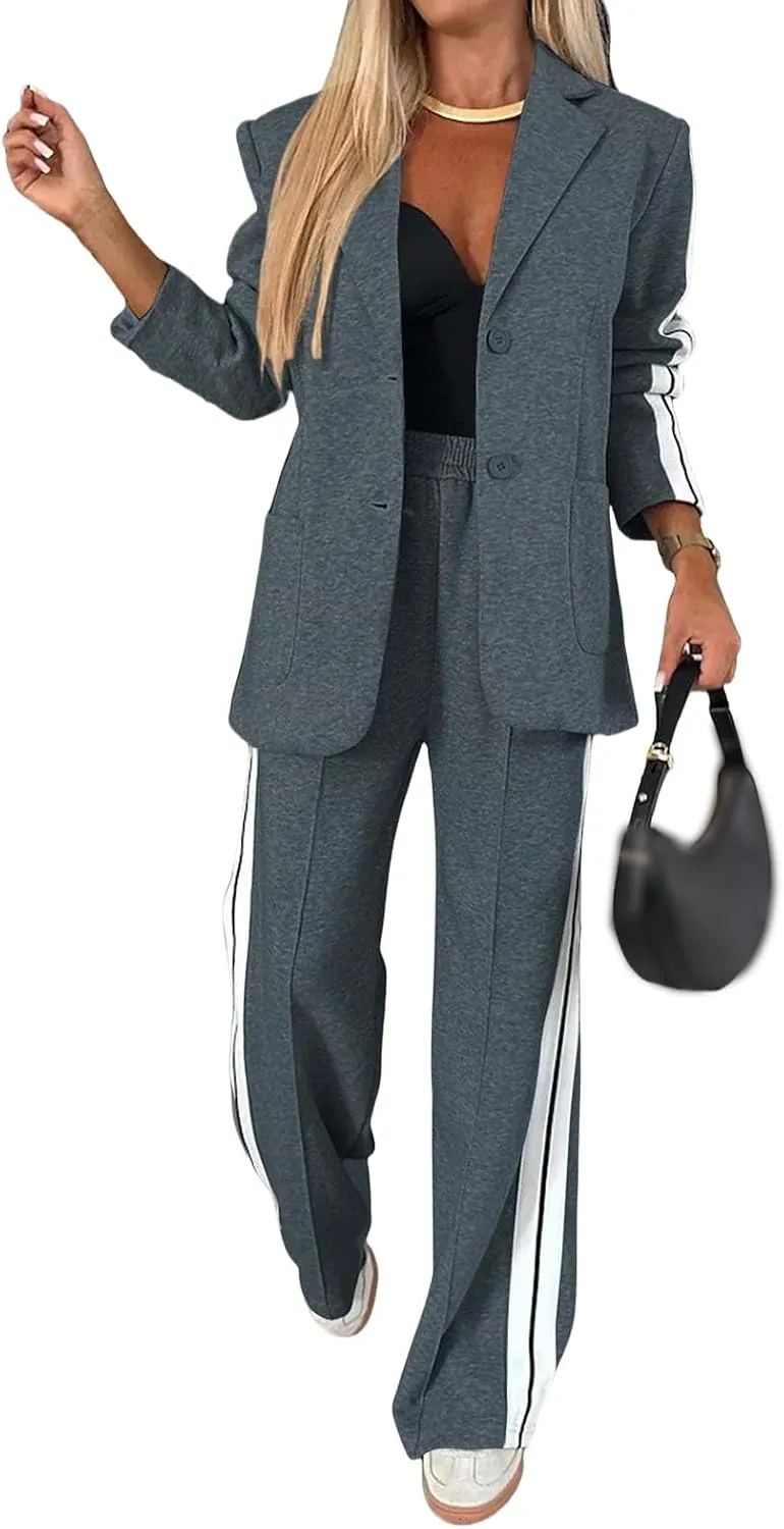 Womens Suits 2 Piece Sets Business Blazer Outfits Dressy Blazer Jacket Matching Wide Leg Pants Sets Lounge Sets