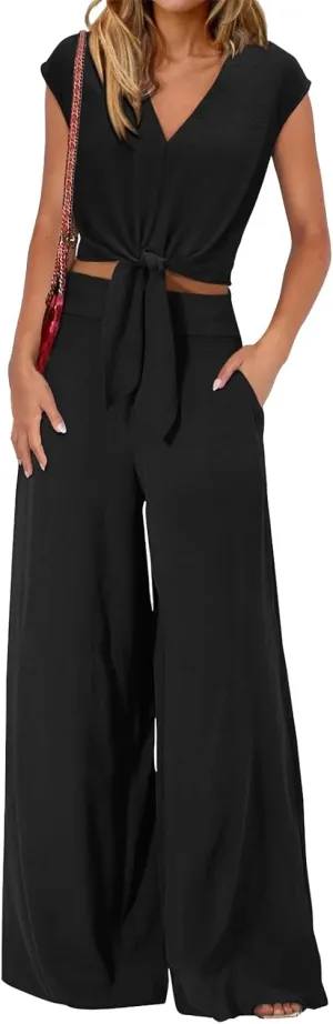 Women's Summer 2 Piece Outfits Cap Sleeve V Neck Belted Crop Tops Wide Leg Pant Sets Casual Tracksuit Lounge Wear