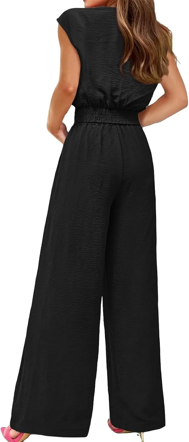 Women's Summer 2 Piece Outfits Cap Sleeve V Neck Belted Crop Tops Wide Leg Pant Sets Casual Tracksuit Lounge Wear