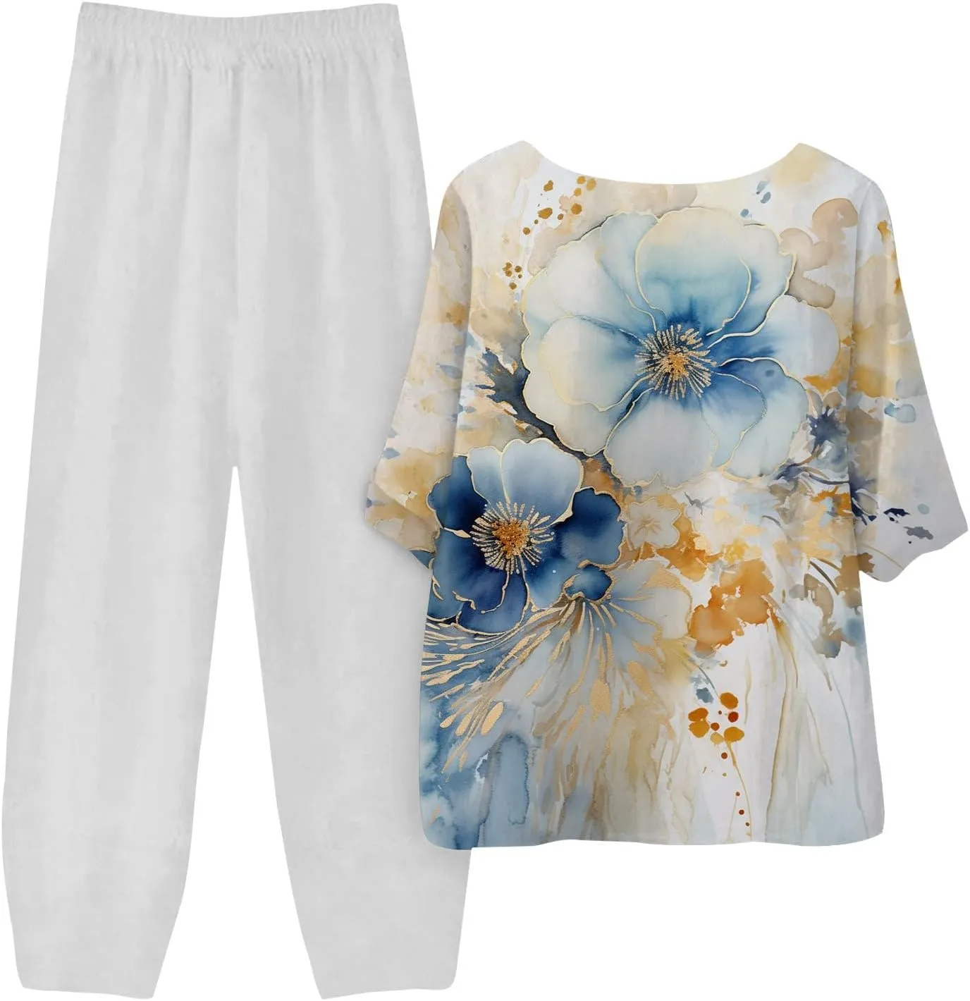 Womens Summer 2 Piece Outfits Crewneck Half Sleeve Two Piece Long Capris Pants Linen Lounge Sets with Pockets