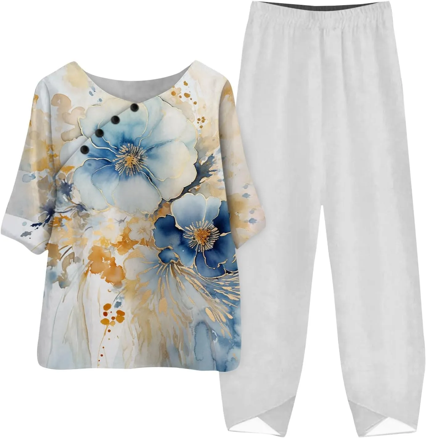 Womens Summer 2 Piece Outfits Crewneck Half Sleeve Two Piece Long Capris Pants Linen Lounge Sets with Pockets
