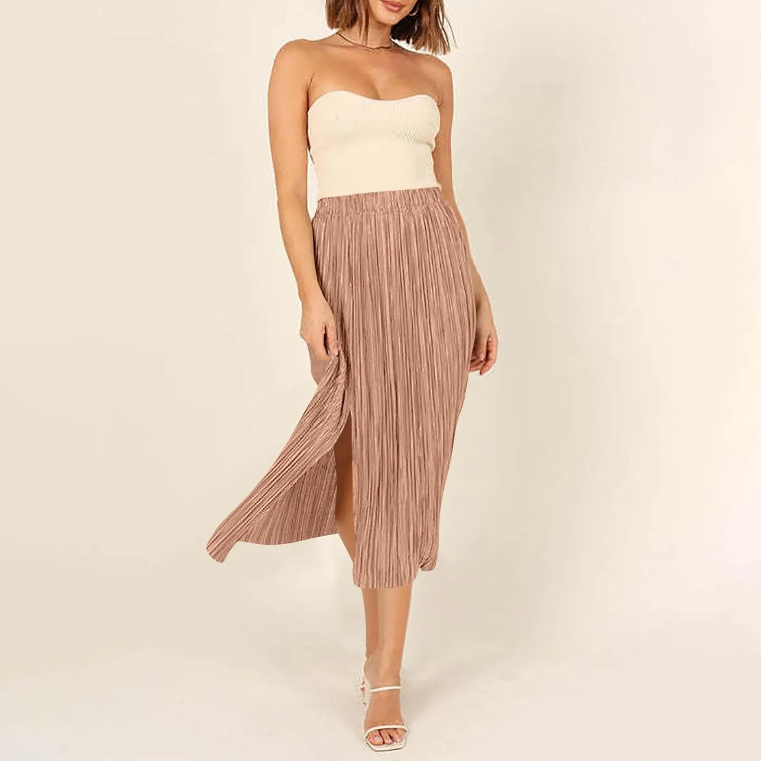 Women's Summer Beach Midi Long Skirt Elastic High Waist Pleated Boho Maxi Skirts with Side Split
