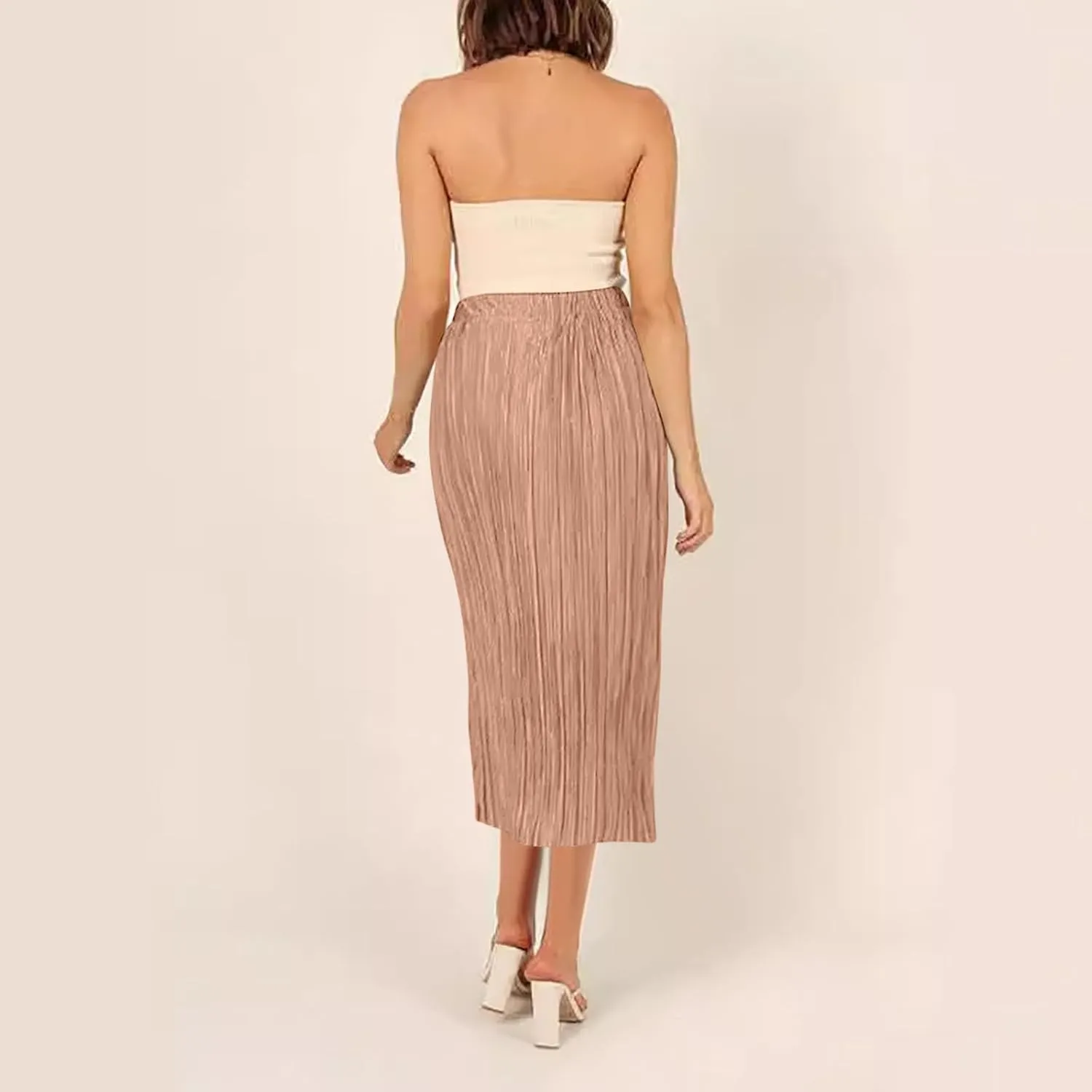 Women's Summer Beach Midi Long Skirt Elastic High Waist Pleated Boho Maxi Skirts with Side Split