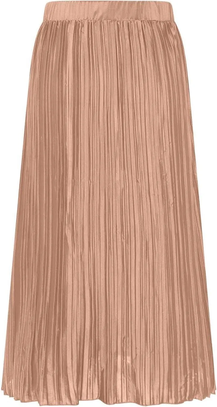 Women's Summer Beach Midi Long Skirt Elastic High Waist Pleated Boho Maxi Skirts with Side Split