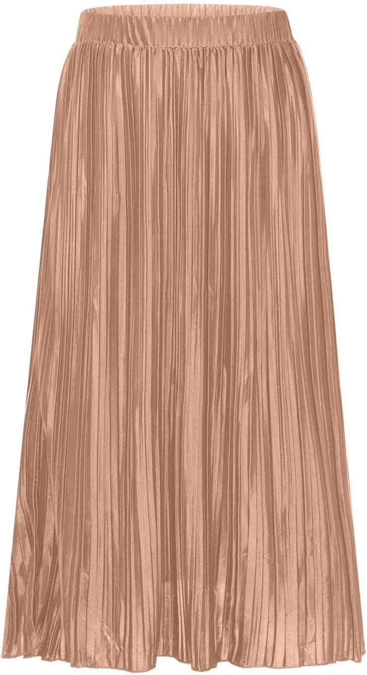 Women's Summer Beach Midi Long Skirt Elastic High Waist Pleated Boho Maxi Skirts with Side Split
