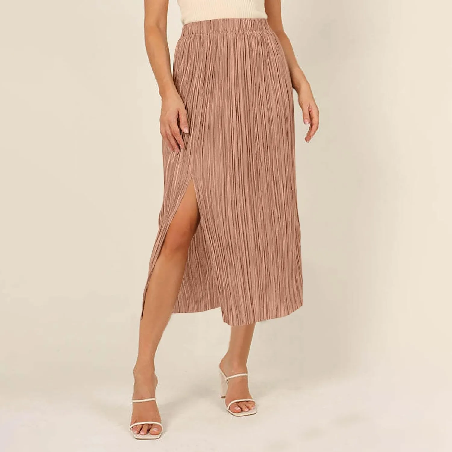 Women's Summer Beach Midi Long Skirt Elastic High Waist Pleated Boho Maxi Skirts with Side Split
