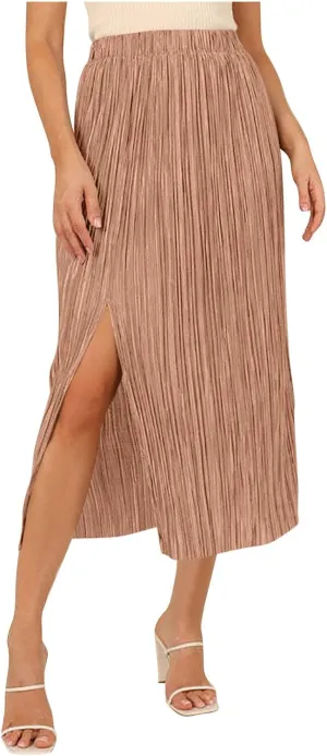 Women's Summer Beach Midi Long Skirt Elastic High Waist Pleated Boho Maxi Skirts with Side Split