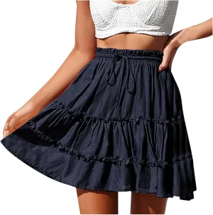 Womens Summer Beach Skirts Flowy Ruffle Tiered Mini Skirt Cute High Waist Boho Flared A-Line Short Skirts Dress