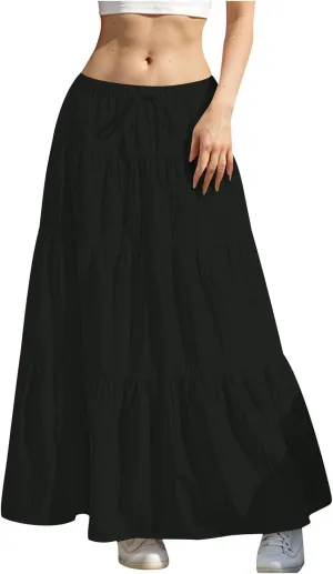 Womens Summer Boho Flowy Swing Tiered A-Line Maxi Skirt 2025 Trendy Elastic Waist Tie Ruffle Pleated Beach Dress