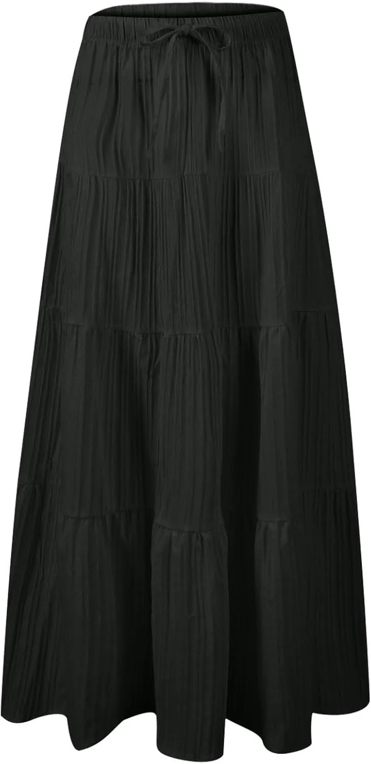 Womens Summer Boho Flowy Swing Tiered A-Line Maxi Skirt 2025 Trendy Elastic Waist Tie Ruffle Pleated Beach Dress