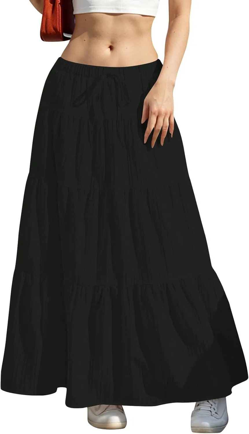 Womens Summer Boho Flowy Swing Tiered A-Line Maxi Skirt 2025 Trendy Elastic Waist Tie Ruffle Pleated Beach Dress
