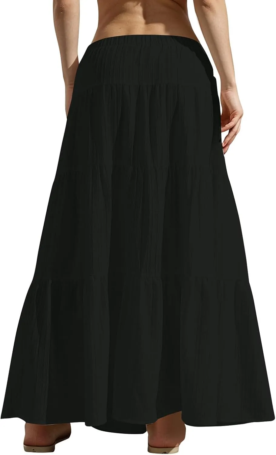 Womens Summer Boho Flowy Swing Tiered A-Line Maxi Skirt 2025 Trendy Elastic Waist Tie Ruffle Pleated Beach Dress