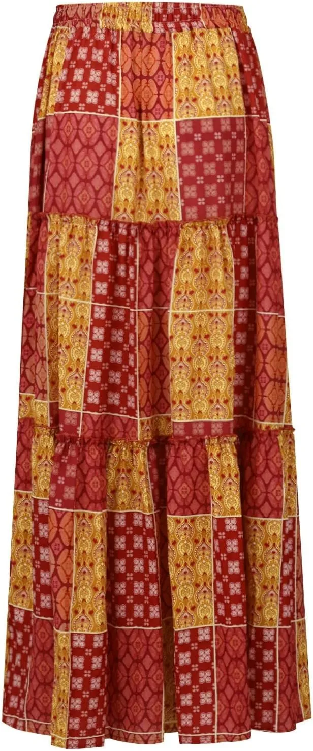Womens Summer Boho Flowy Swing Tiered A-Line Midi Skirt 2025 Fashion Trendy Elastic Waist Pleated Long Beach Dress