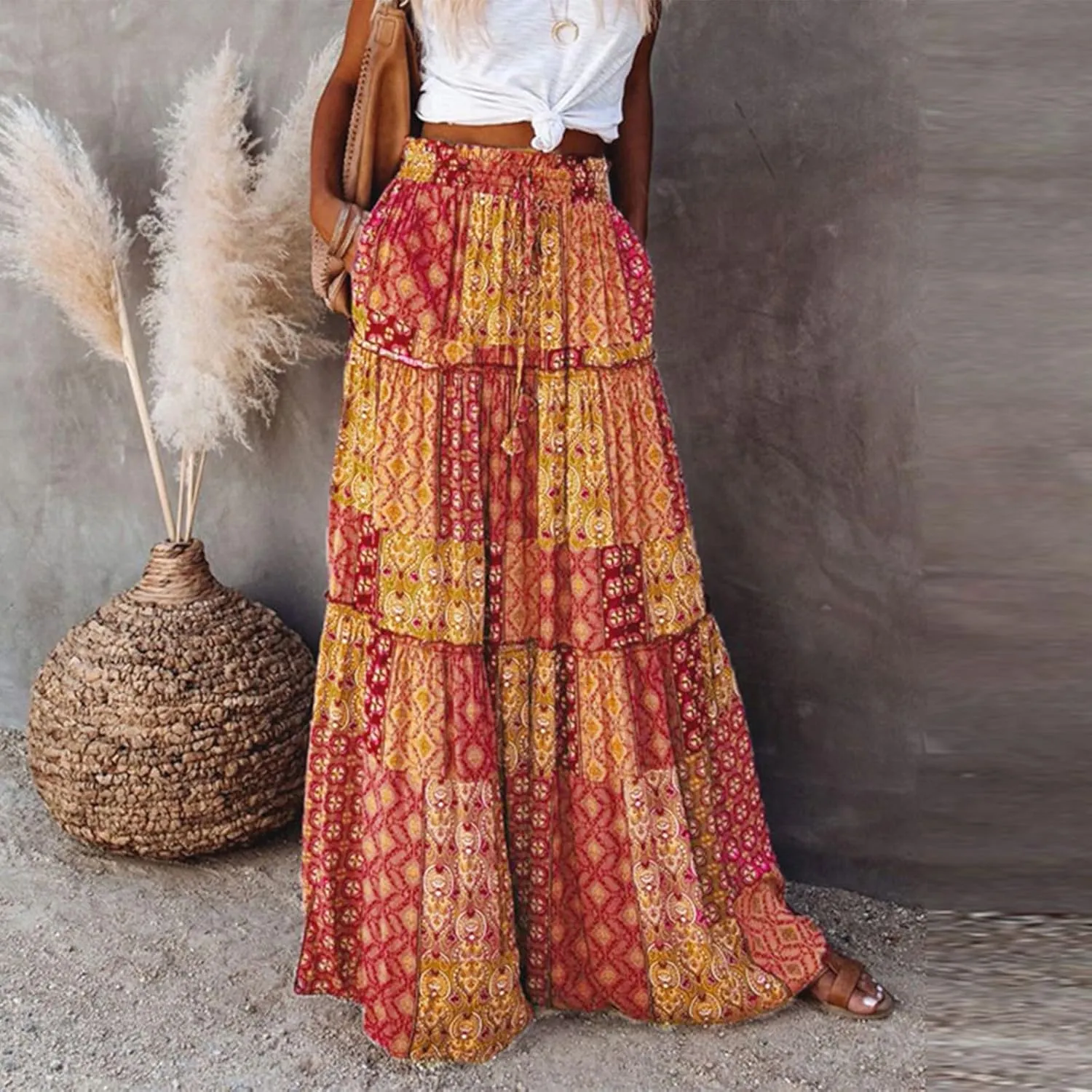 Womens Summer Boho Flowy Swing Tiered A-Line Midi Skirt 2025 Fashion Trendy Elastic Waist Pleated Long Beach Dress