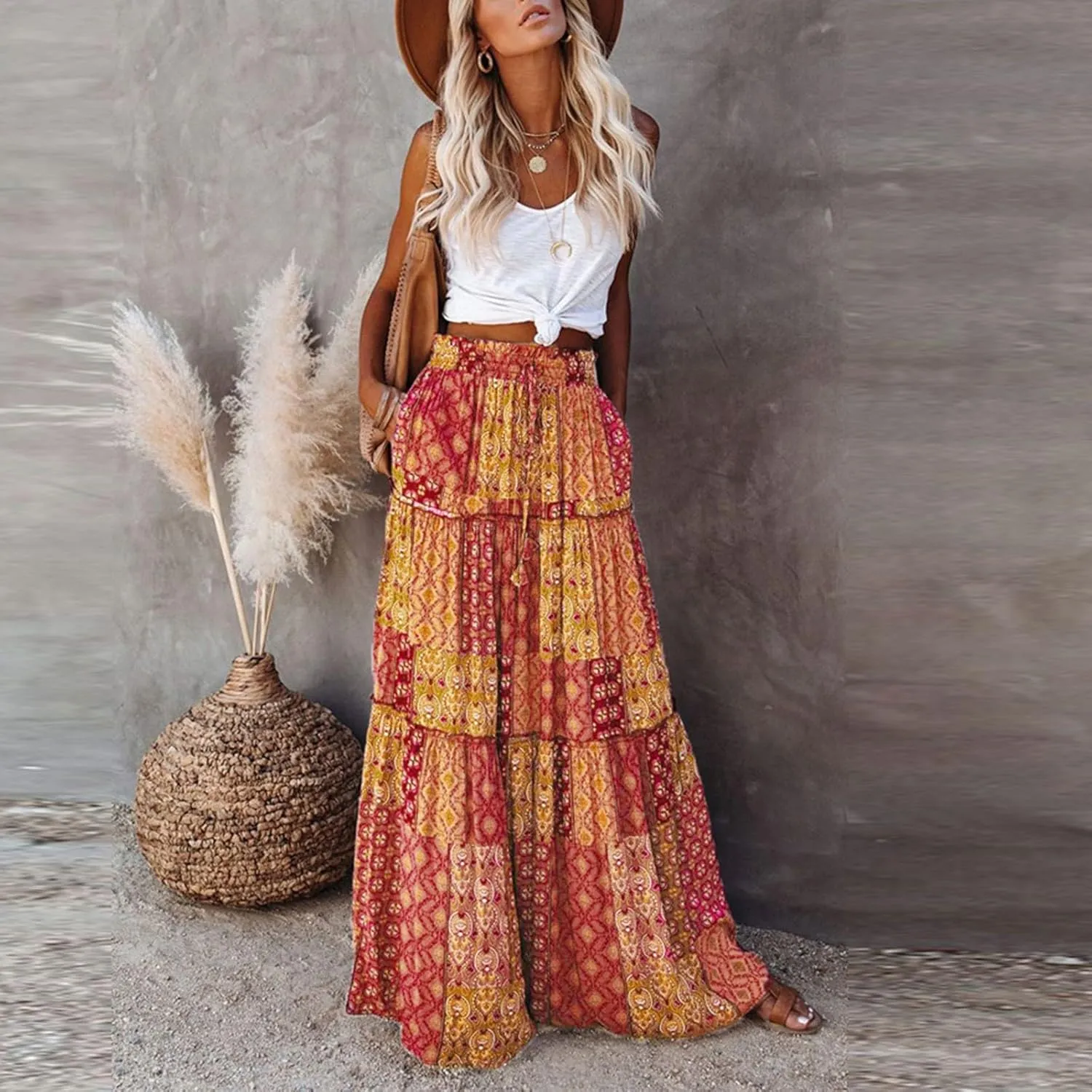 Womens Summer Boho Flowy Swing Tiered A-Line Midi Skirt 2025 Fashion Trendy Elastic Waist Pleated Long Beach Dress
