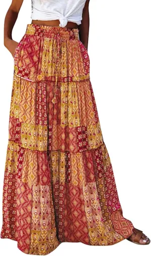 Womens Summer Boho Flowy Swing Tiered A-Line Midi Skirt 2025 Fashion Trendy Elastic Waist Pleated Long Beach Dress