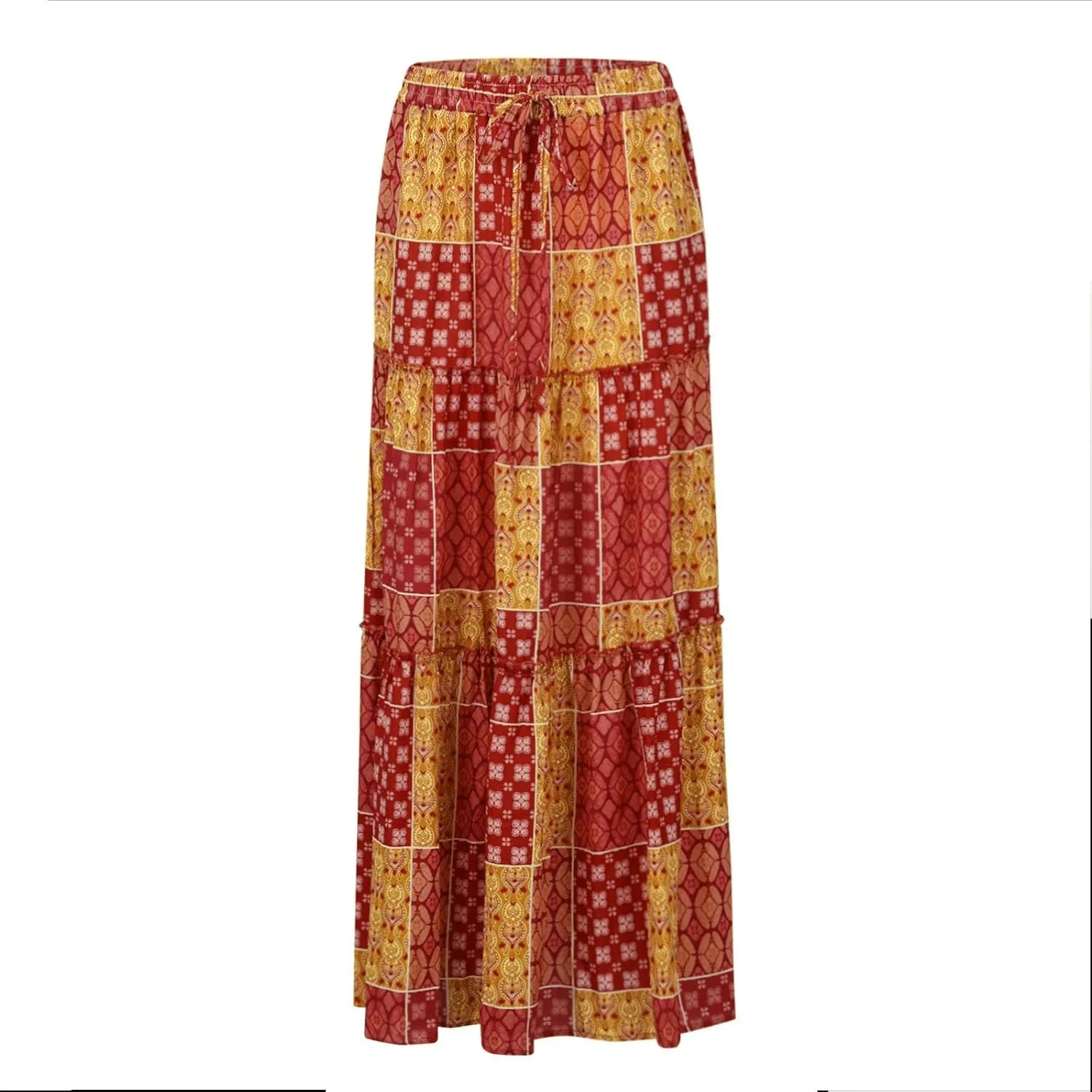 Womens Summer Boho Flowy Swing Tiered A-Line Midi Skirt 2025 Fashion Trendy Elastic Waist Pleated Long Beach Dress