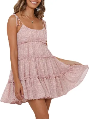 Women's Summer Casual Dresses Floral Print Crewneck Cute Sleeveless Loose Mini Dress Ruffle A-Line Short Dresses