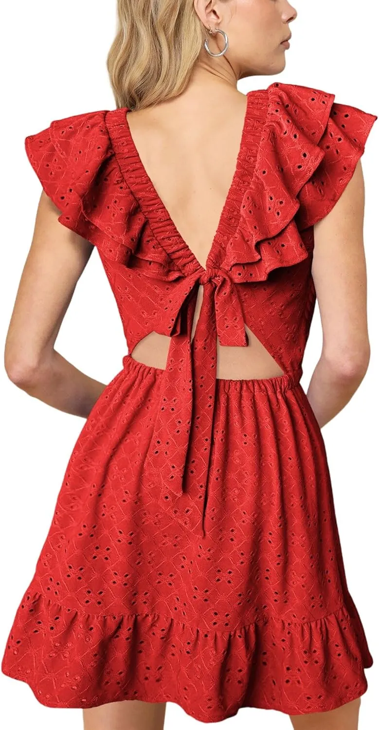 Womens Summer V Neck Tie Back Ruffle Sleeve Hollow Out Casual A-Line Babydoll Swing Flowy Short Mini Dress