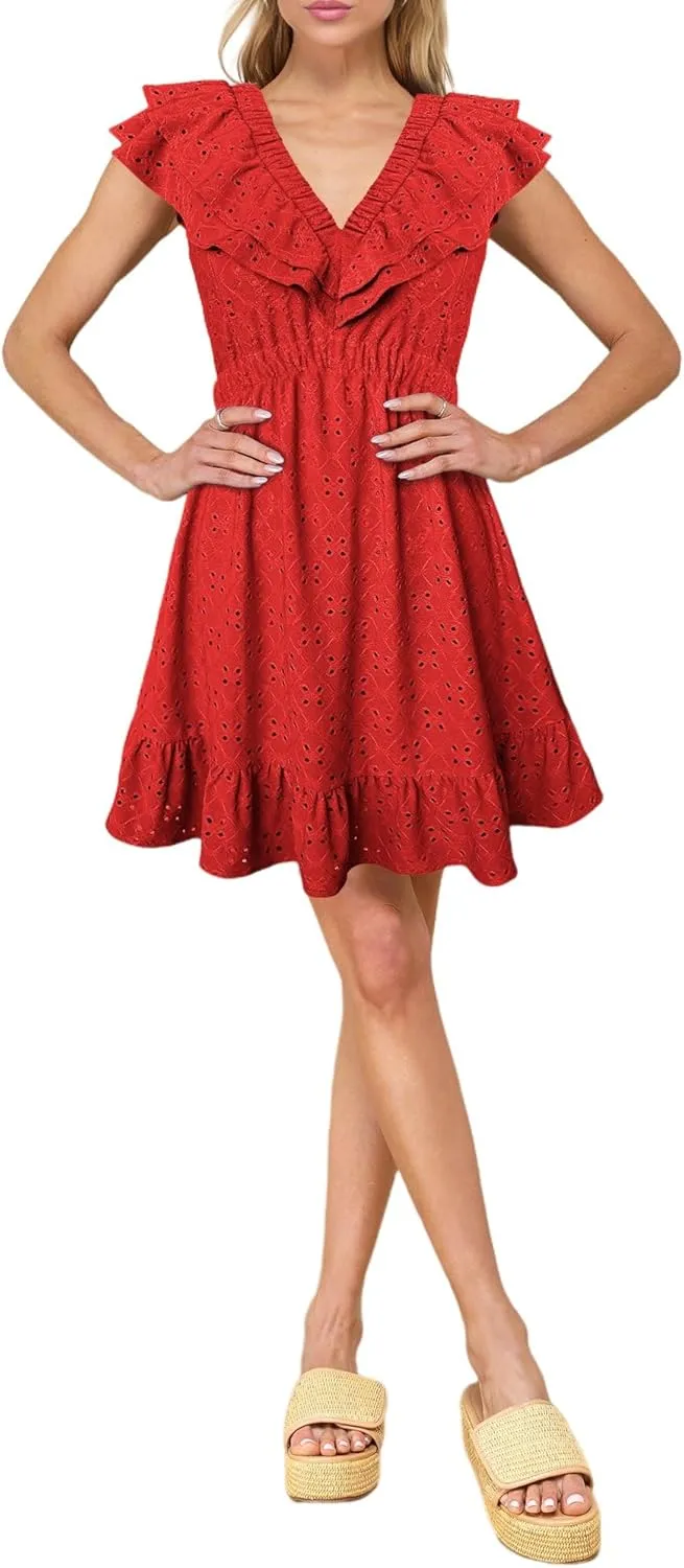 Womens Summer V Neck Tie Back Ruffle Sleeve Hollow Out Casual A-Line Babydoll Swing Flowy Short Mini Dress
