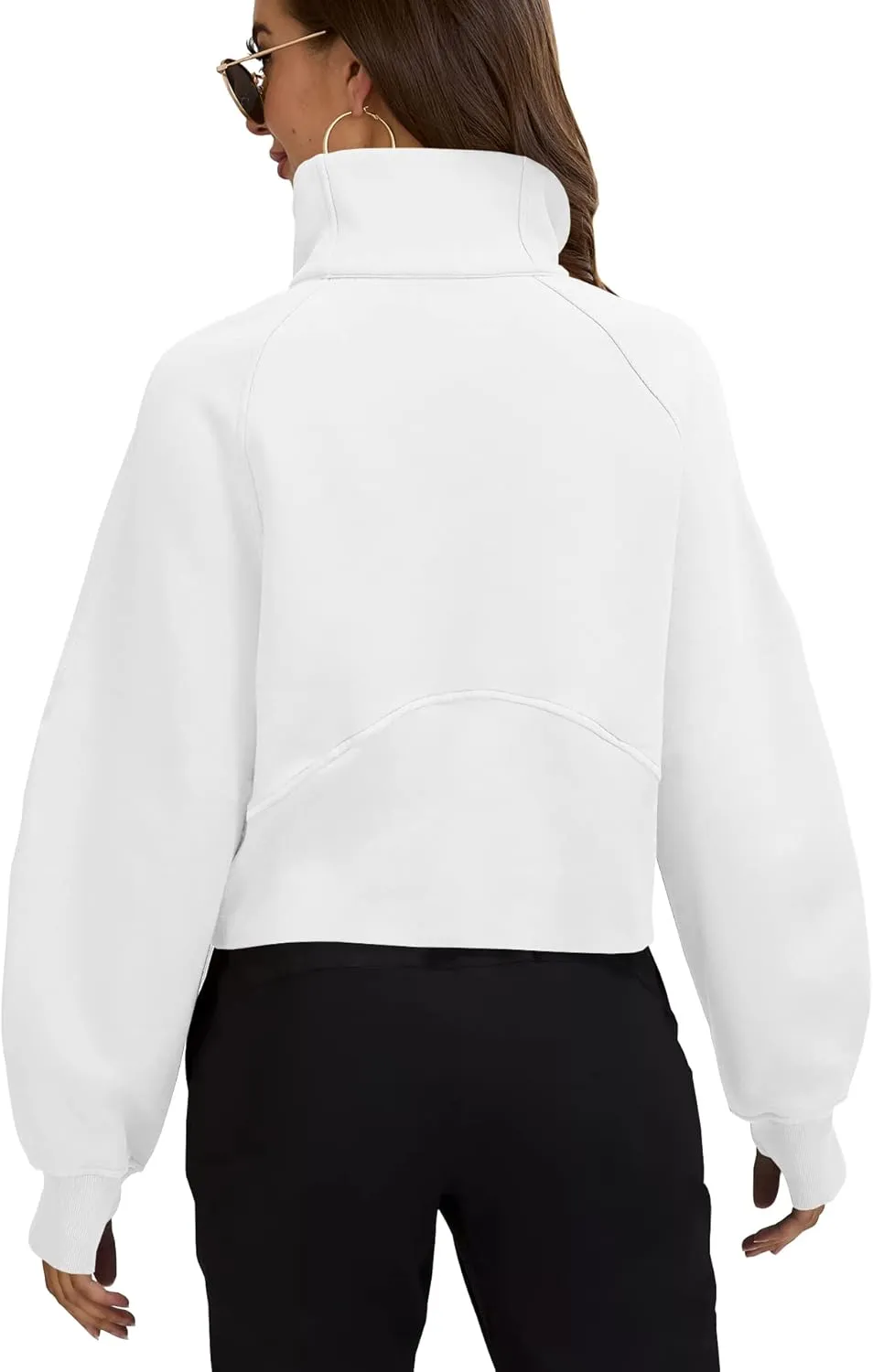Womens Sweatshirts Half Zipper Crop Pullover Funnel Neck Fleece Lined Zip Up Long Sleeve Tops Thumb Hole
