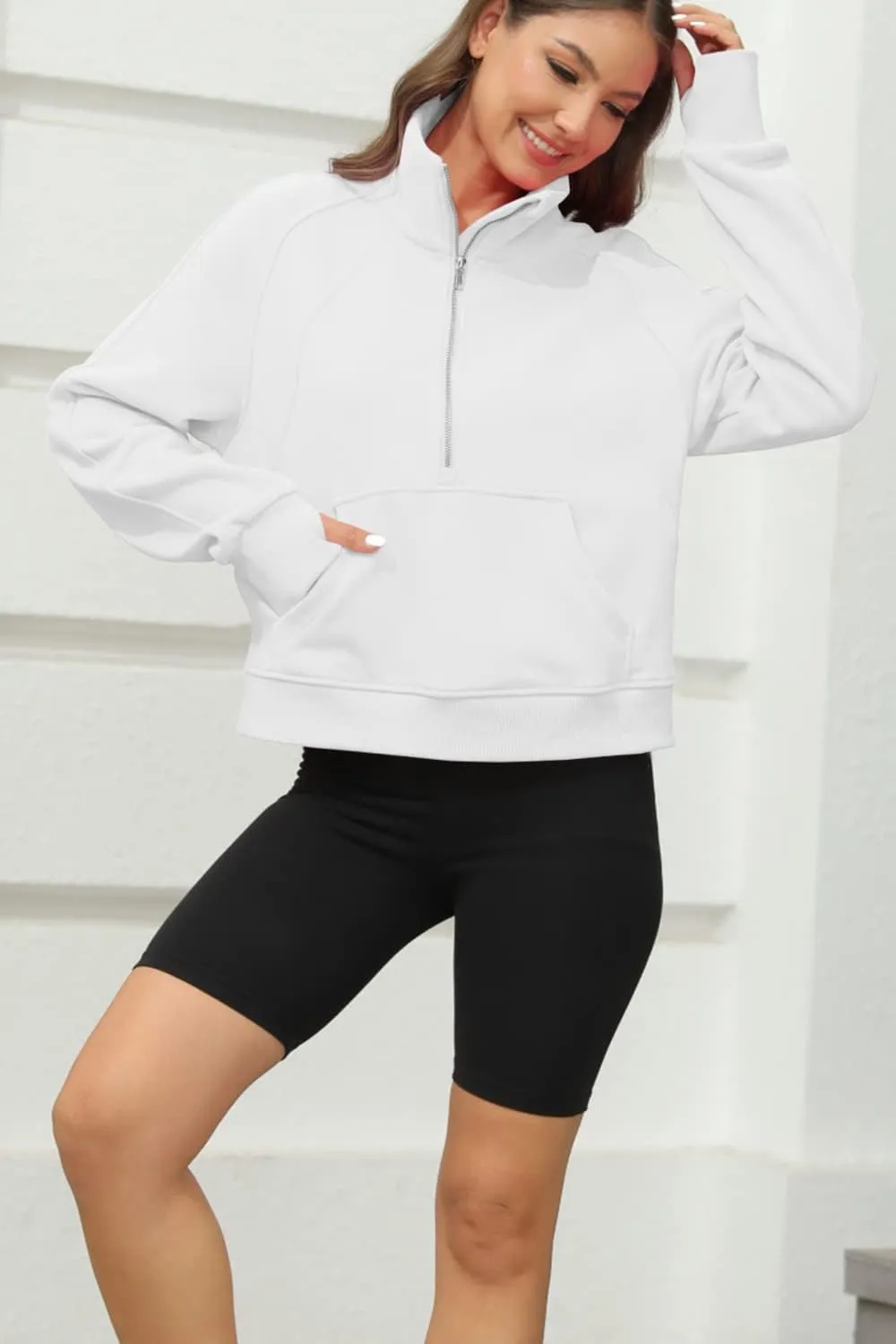 Womens Sweatshirts Half Zipper Crop Pullover Funnel Neck Fleece Lined Zip Up Long Sleeve Tops Thumb Hole